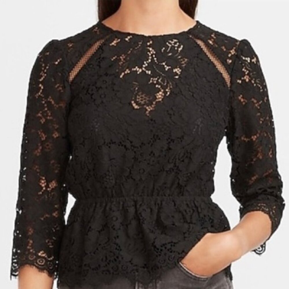 Express Lace Peplum Crewneck 3/4 Sleeve Top Blouse “Pitch Black” Women's